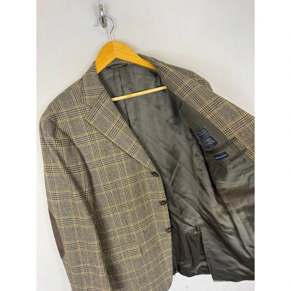 Canali Mens Wool Cashmere Glen Plaid Blazer Elbow Patches Made in Italy 42R